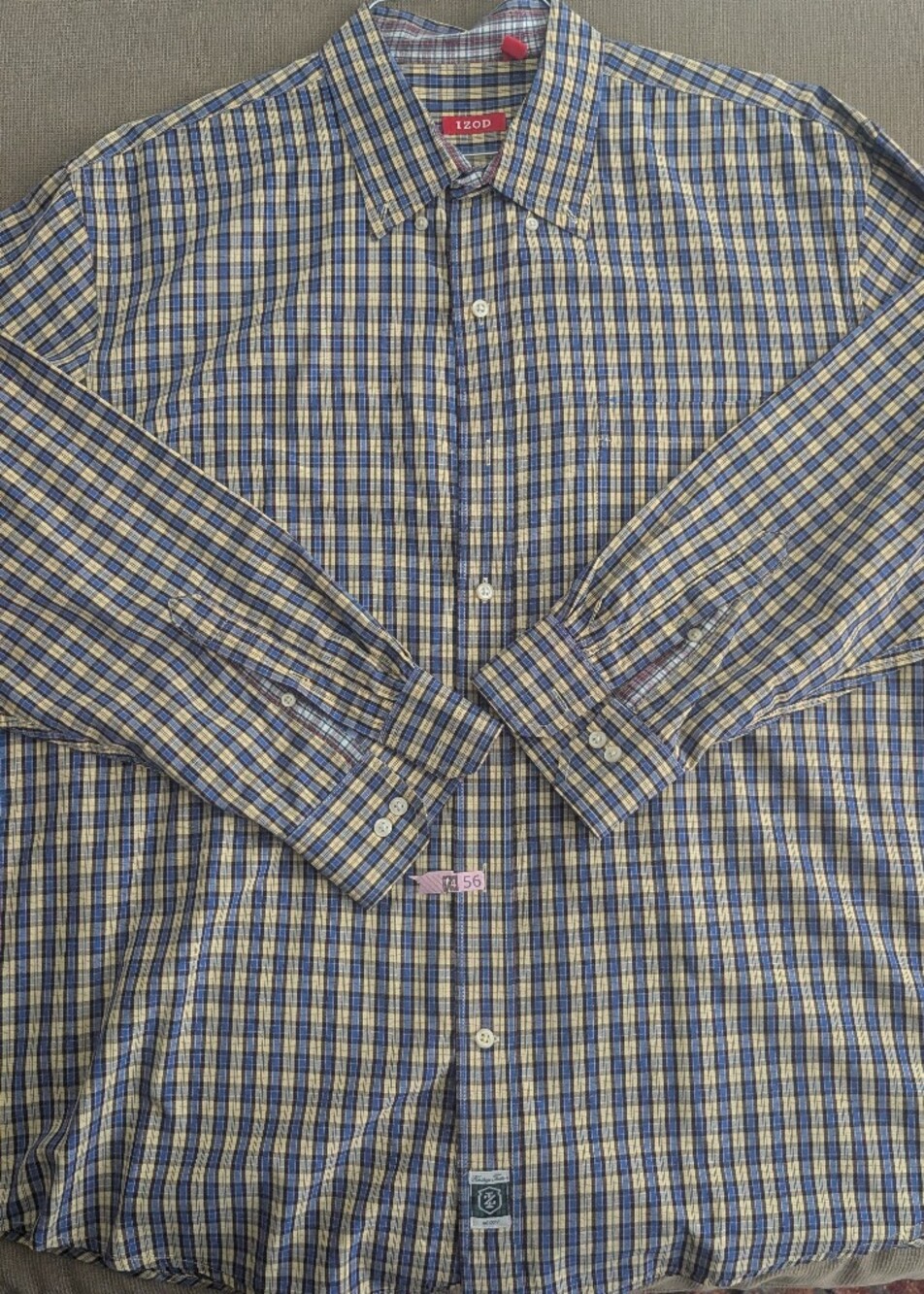 Izod Men’s Blue and Yellow Plaid Button-Down Shirt XL